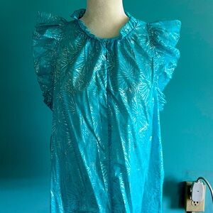 NWT MICHAEL KORS Turquoise and Silver Flutter Sleeve Top Size XL